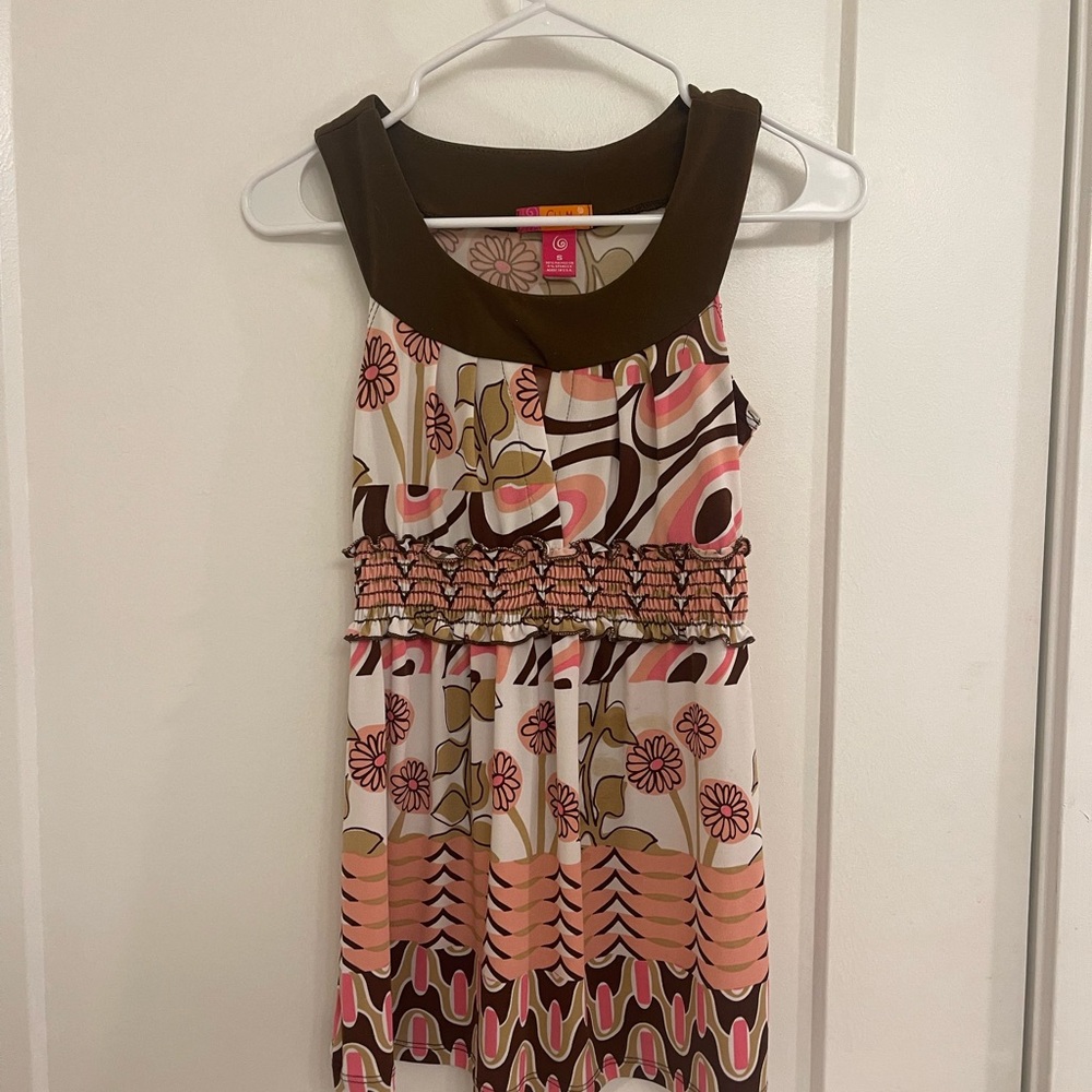 Vintage Y2K Pink‎ Boho Sleeveless Floral & Geometric Print Blouse Loop Neck